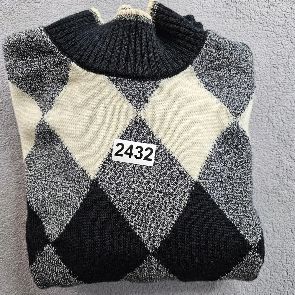 Talbots Argyle Sweater Womens L Black Gray Diamond‎ Plaid Merino Wool Mock Neck - Picture 11 of 11